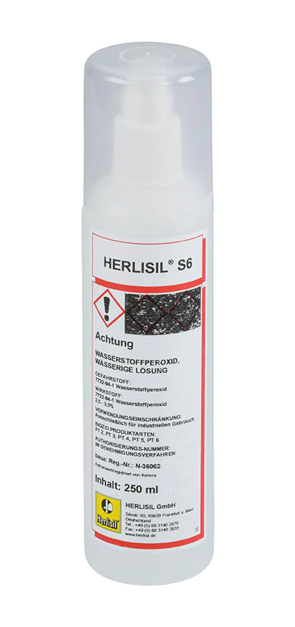 Sprayflasche mit Wasserstoffperoxid, gekennzeichnet mit Warnhinweisen zur Anwendung. Hersteller: Grünbeck. Inhalt 250 ml.